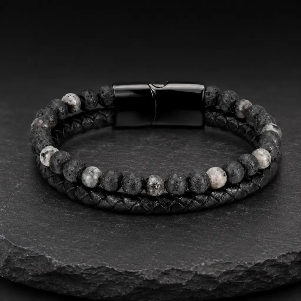 Volcanic Rock Larvikite bracelet with black clasp, braided leather and lava stone beads creates rugged style appeal