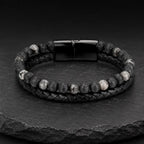 Volcanic Rock Larvikite bracelet with black clasp, braided leather and lava stone beads creates rugged style appeal