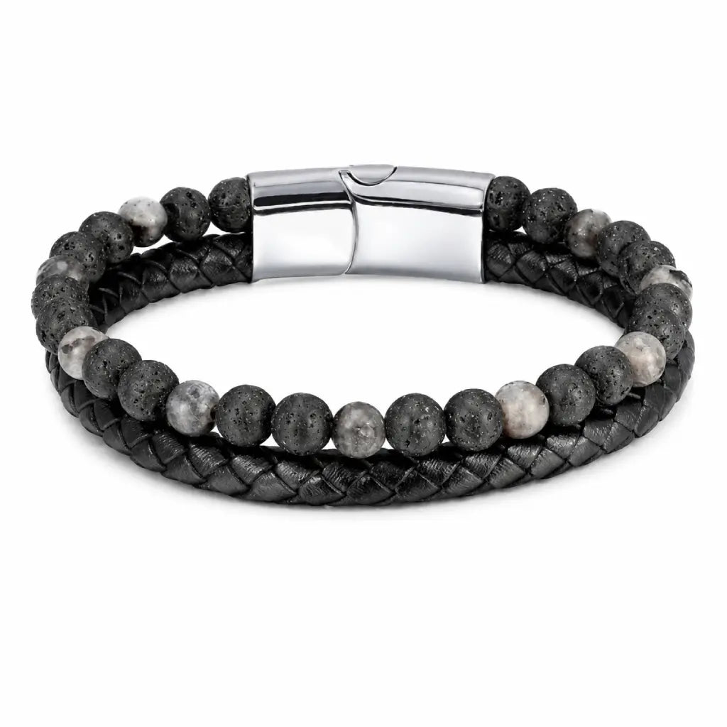 Volcanic Rock Larvikite bracelet with silver clasp, braided leather and lava stone beads creates sleek modern appeal