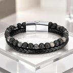 Volcanic Rock Larvikite bracelet with silver clasp and braided leather beads delivers refined modern style