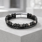 Volcanic Rock Larvikite bracelet featuring silver clasp with braided leather and lava beads for stylish wear