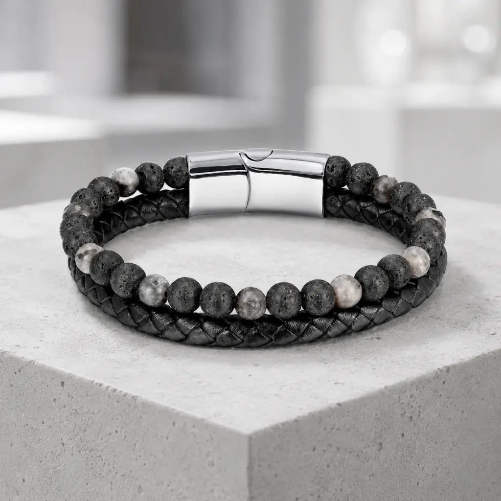 Volcanic Rock Larvikite bracelet featuring silver clasp with braided leather and lava beads for stylish wear