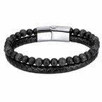 Volcanic Rock bracelet with black lava stone beads and braided leather design for sleek everyday style