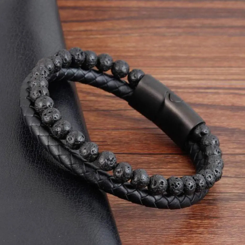 Volcanic Rock bracelet with braided leather and natural lava beads delivering timeless masculine style