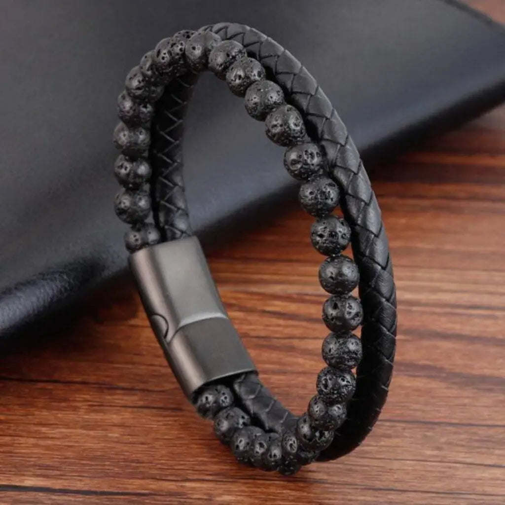 Volcanic Rock bracelet featuring black lava beads and braided leather for modern fashion appeal