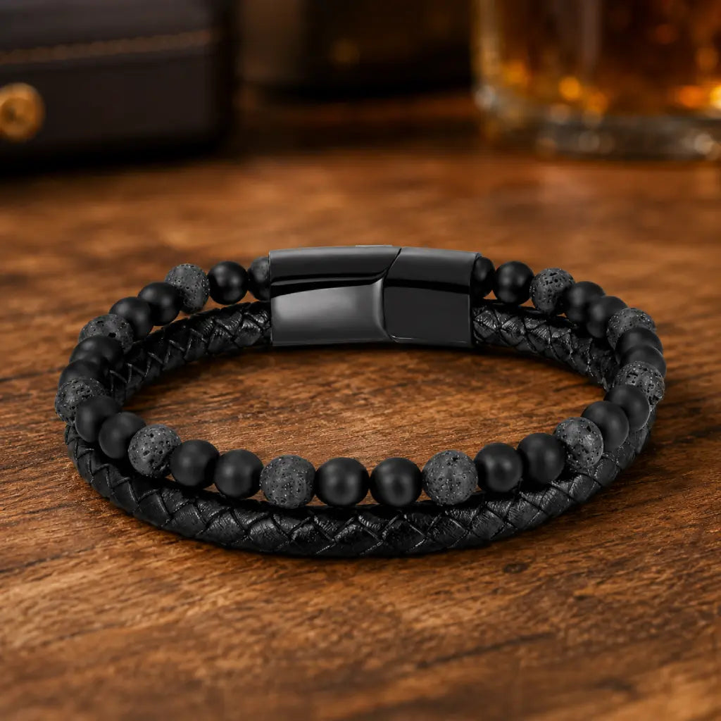 Volcanic Rock bracelet featuring black lava beads and braided leather on wood for masculine appeal