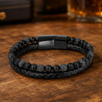 Volcanic Rock bracelet featuring black lava beads and braided leather on wood for masculine appeal