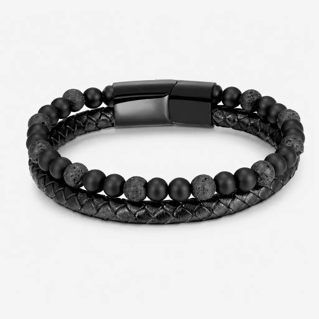 Volcanic Rock bracelet featuring braided leather and lava stone beads for sleek everyday wear