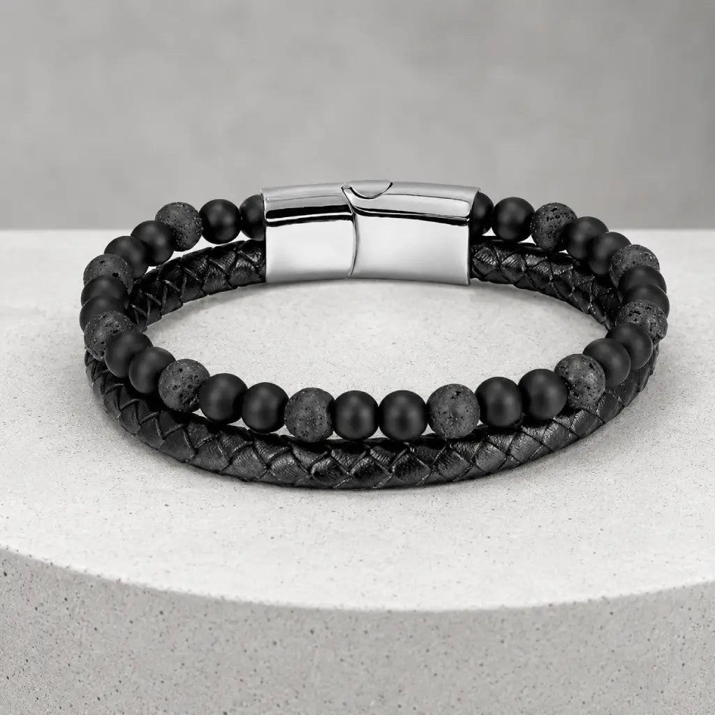 Volcanic Rock bracelet with black lava beads and braided leather design delivering modern style appeal