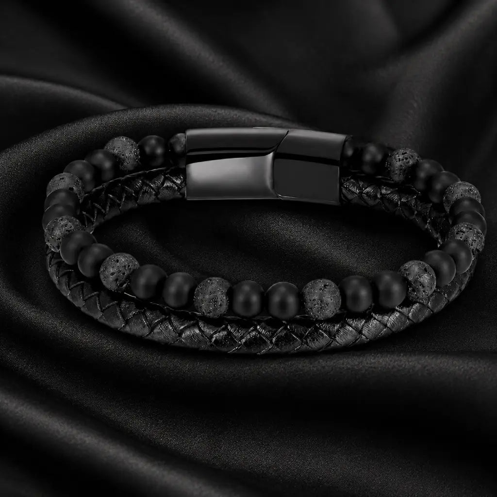 Volcanic Rock bracelet with matte black lava beads on dark leather creating premium modern style