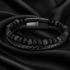 Volcanic Rock bracelet with matte black lava beads on dark leather creating premium modern style