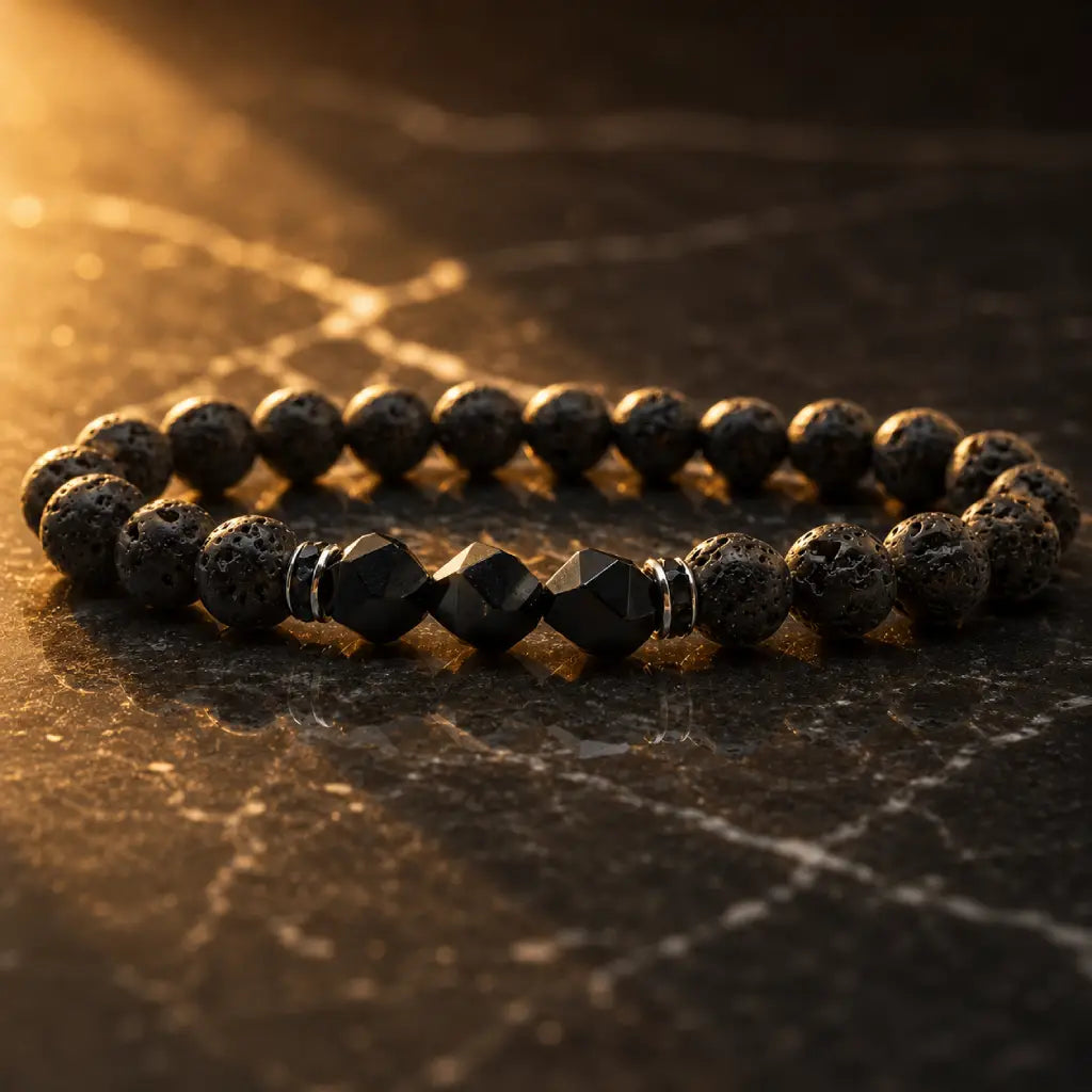 Volcanic stone bracelet on dark marble with lava beads, faceted black stones and silver spacers for premium edge