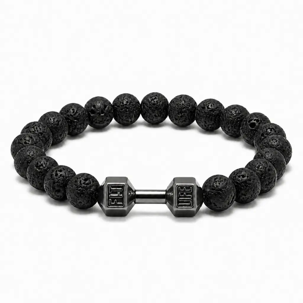 Volcanic stone bracelet with black lava beads and dumbbell charm, stylish fitness jewelry for strength and focus