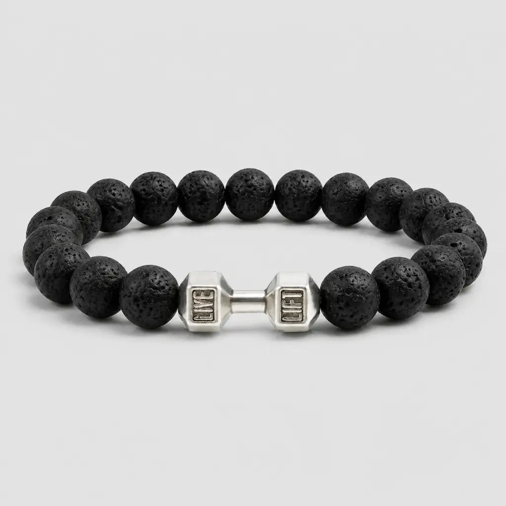Volcanic stone bracelet with matte lava beads and silver dumbbell charm, minimalist fitness jewelry for daily durability
