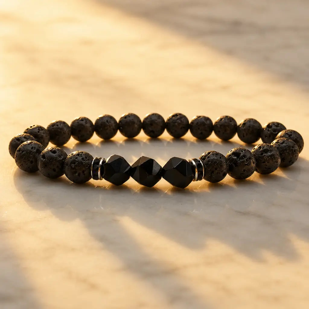 Volcanic stone bracelet on glowing marble with black lava beads and faceted accents for radiant everyday style