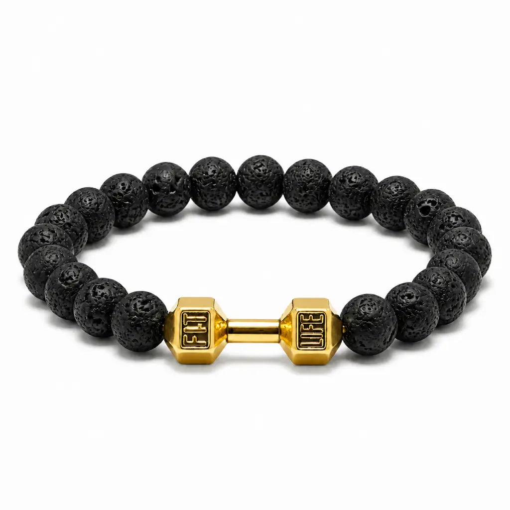 Volcanic stone bracelet with gold dumbbell charm and black lava beads, premium workout accessory boosting style