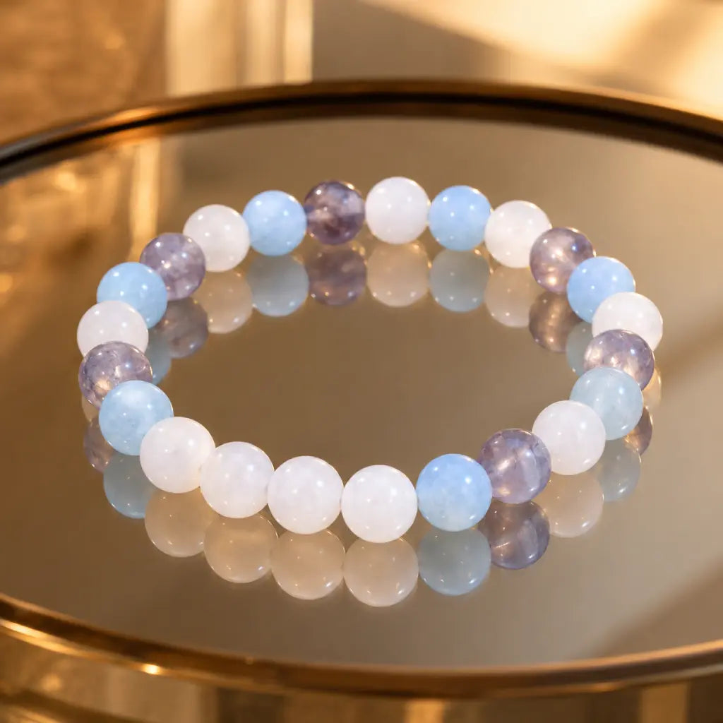 whitemoon stone-aquamarine bracelet displayed with soft lighting and gemstone jewelry for timeless beauty