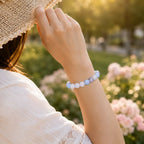whitemoon stone-aquamarine bracelet worn outdoors with natural crystal jewelry creating peaceful elegance daily