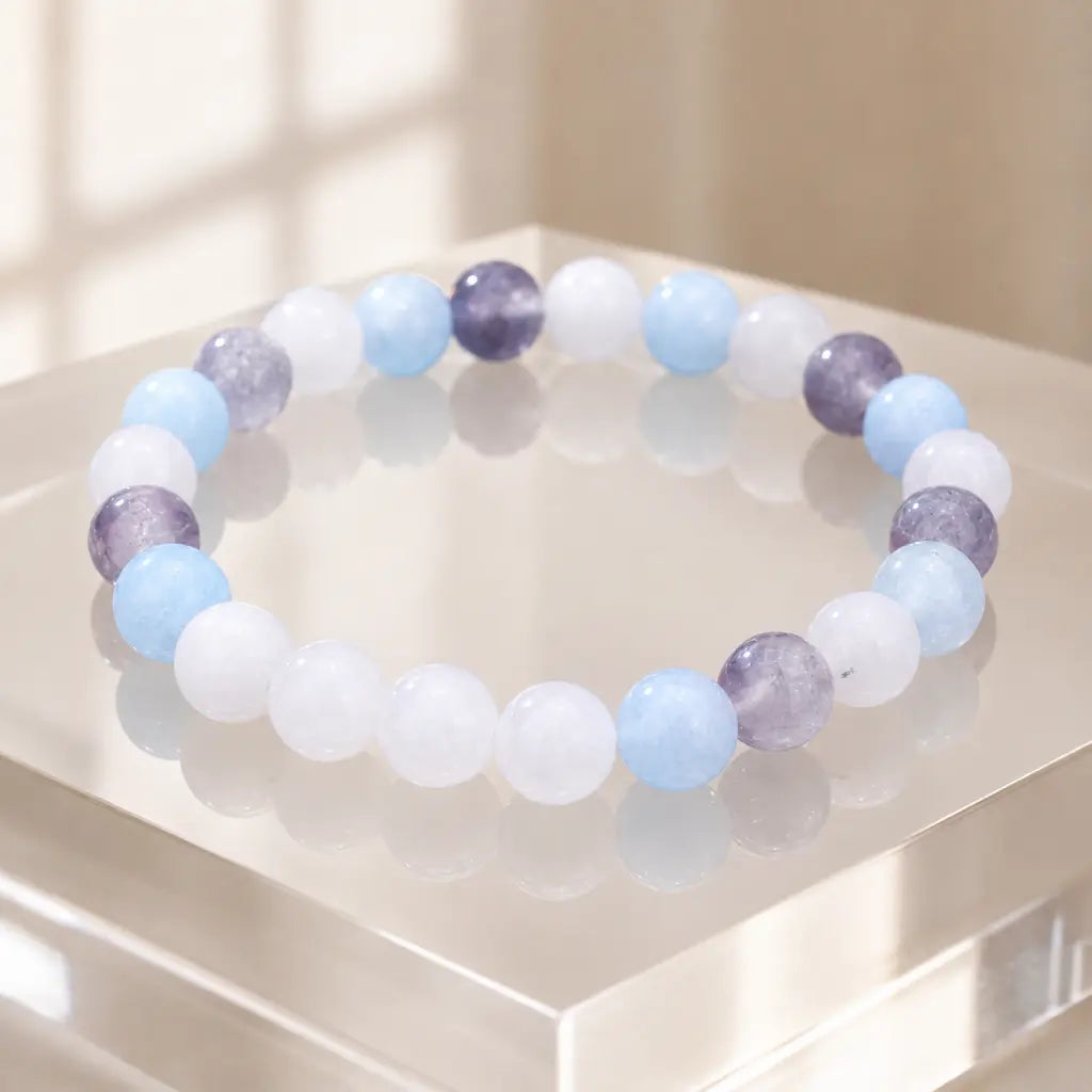 whitemoon stone-aquamarine bracelet with polished crystal beads and minimalist jewelry appeal for gifting