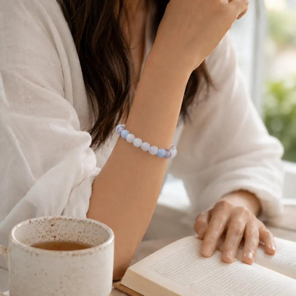 whitemoon stone-aquamarine bracelet paired with reading moments and calming gemstone style for peaceful focus