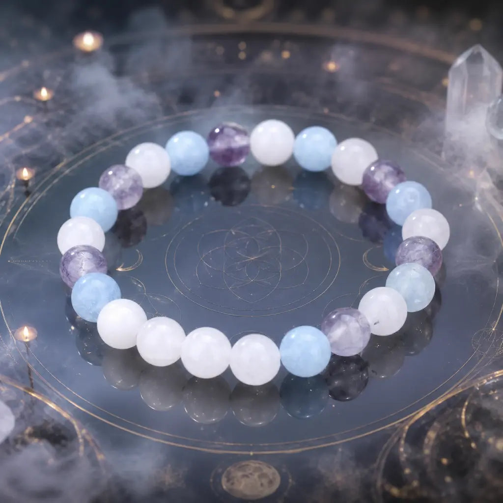 whitemoon stone-aquamarine bracelet surrounded by crystal elements for calming energy and mindful style