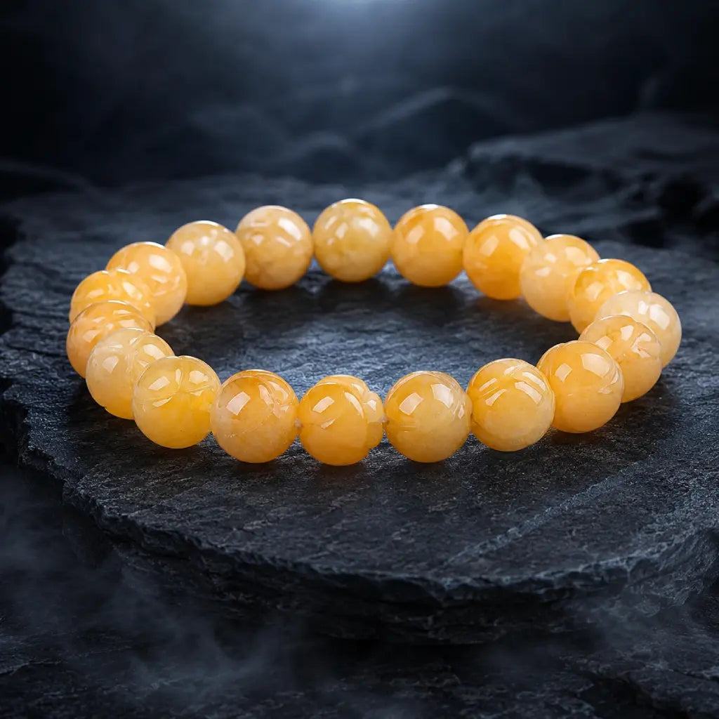 Yellow jade quartz bracelet displayed on dark stone featuring natural crystal beads for elegant energy appeal