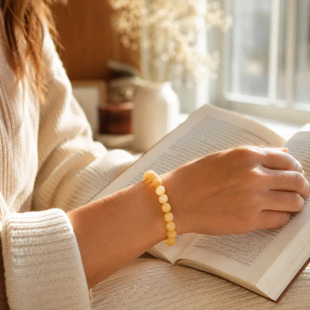 Yellow jade quartz bracelet worn while reading featuring natural gemstone beads for peaceful crystal style