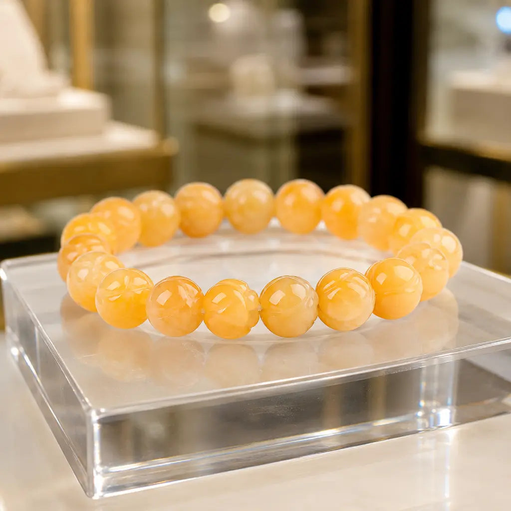 Yellow jade quartz bracelet with polished gemstone beads on luxury display, natural crystal jewelry for elegant style