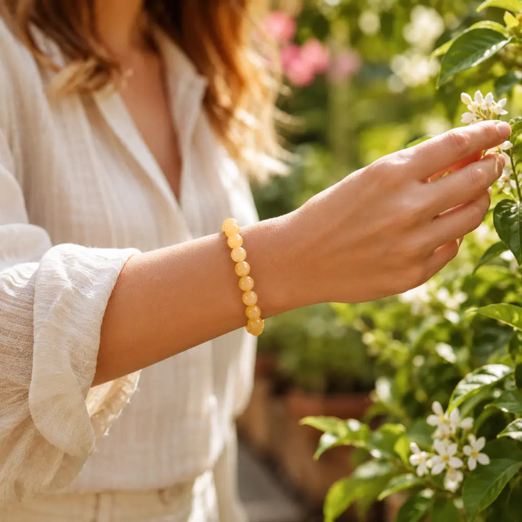 Yellow jade quartz bracelet worn outdoors with natural crystal beads for stylish and calming daily wear
