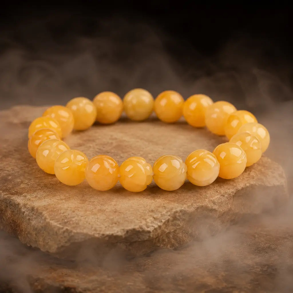 Yellow jade quartz bracelet with polished gemstone beads on natural stone display for elegant crystal energy