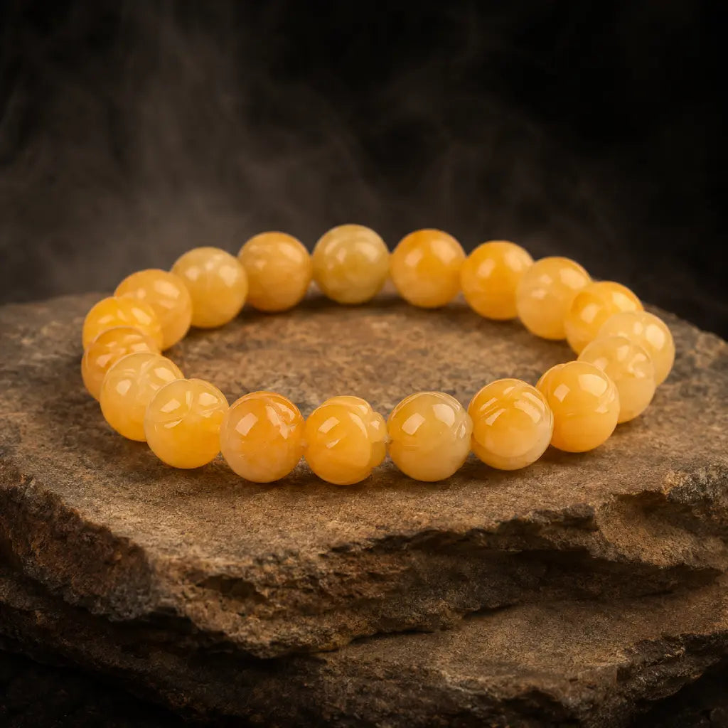 Yellow jade quartz bracelet on natural stone display with polished crystal beads for elegant energy styling