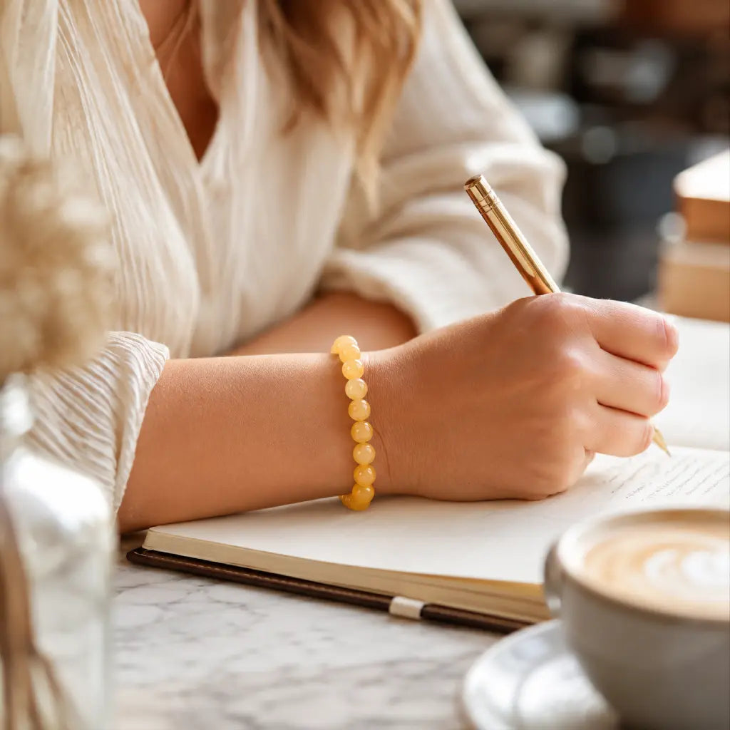 Yellow jade quartz bracelet worn while journaling with crystal gemstone beads for focused daily comfort