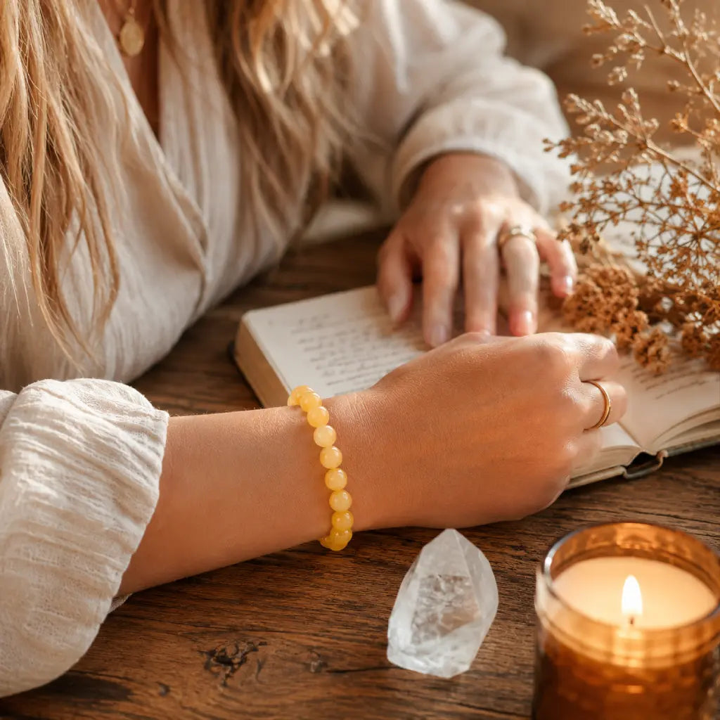Yellow jade quartz bracelet with healing crystal beads during mindful moments for elegant daily balance