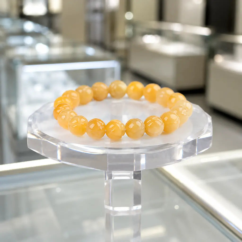 Yellow jade quartz gemstone bracelet displayed on clear stand with natural crystal beads for timeless elegance