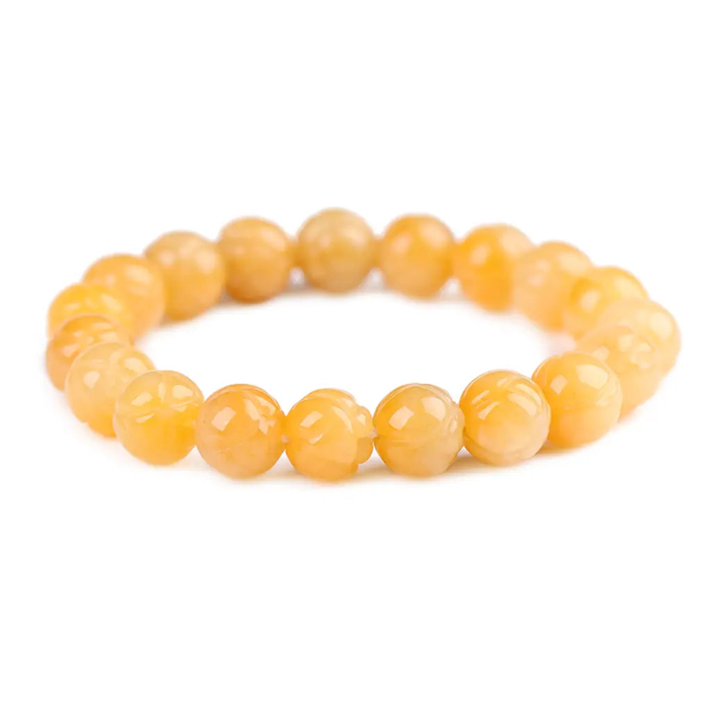 Yellow jade quartz bracelet isolated on white background with polished crystal beads for product clarity