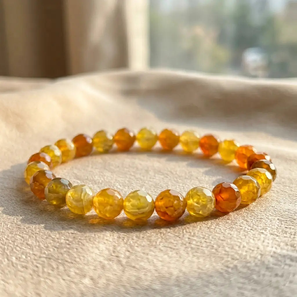 Yellow popcorn agate bracelet with faceted yellow orange beads on soft linen, sunny crystal jewelry for radiant gifting