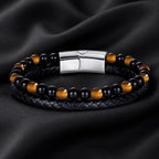 Yellow tiger eye bracelet with braided leather and glossy stone beads delivering elegant modern appeal