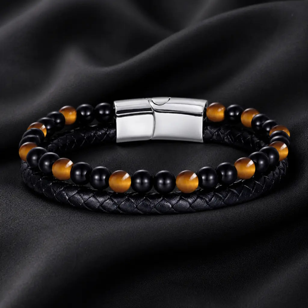 Yellow tiger eye bracelet with braided leather and glossy stone beads delivering elegant modern appeal