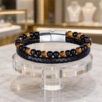 Yellow tiger eye bracelet displayed with braided leather and polished beads for luxury style appeal