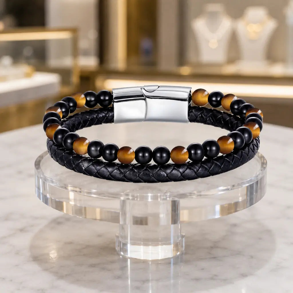 Yellow tiger eye bracelet displayed with braided leather and polished beads for luxury style appeal