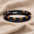 Yellow tiger eye bracelet with black braided leather and gemstone beads creating refined everyday style