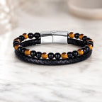 Yellow tiger eye bracelet with luxury braided leather and gemstone beads for premium style impact