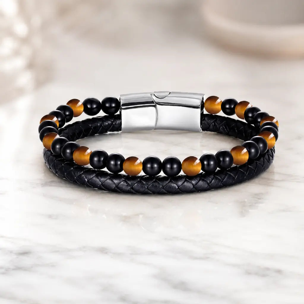 Yellow tiger eye bracelet with luxury braided leather and gemstone beads for premium style impact