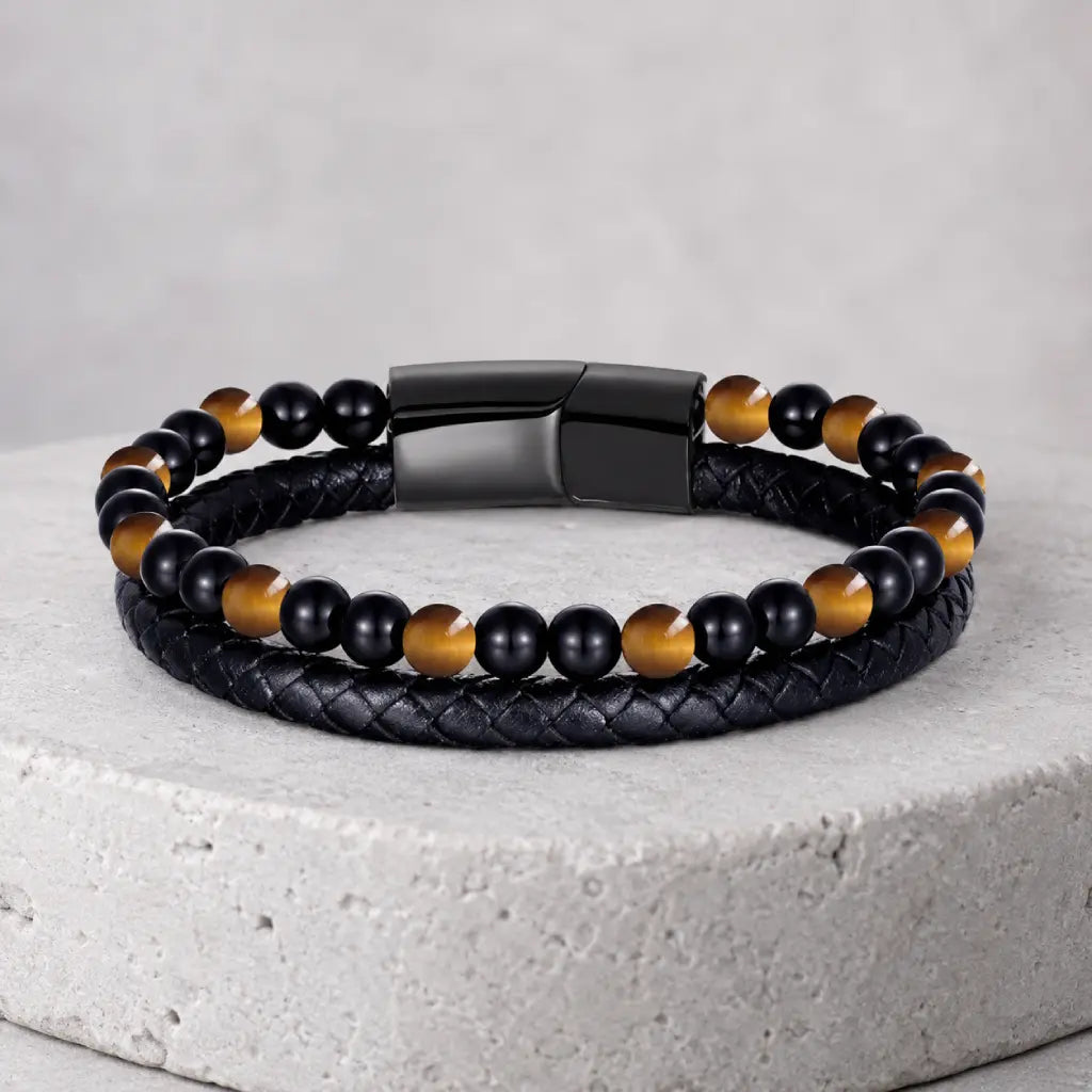 Yellow tiger eye bracelet featuring black leather and gemstone beads for modern luxury accessory appeal