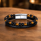 Yellow tiger eye bracelet with black braided leather and gemstone beads for elegant everyday styling
