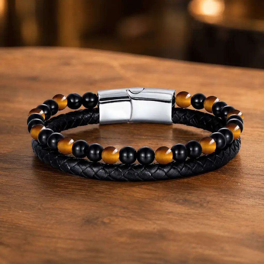 Yellow tiger eye bracelet with black braided leather and gemstone beads for elegant everyday styling