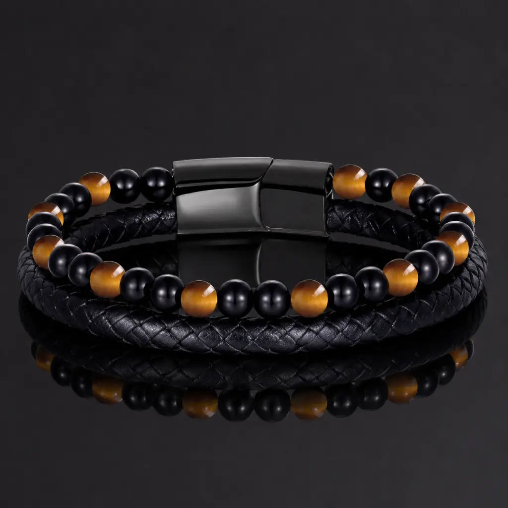 Yellow tiger eye bracelet featuring braided leather and glossy beads for premium modern style appeal