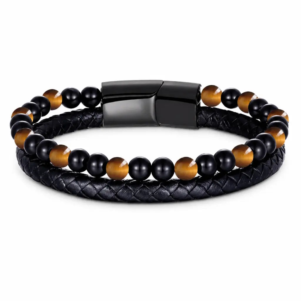 Yellow tiger eye bracelet with polished beads and gun metal clasp, braided leather for stylish everyday confidence wear