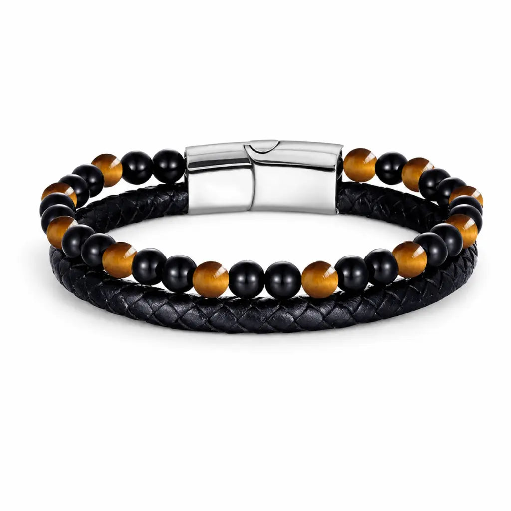 Yellow tiger eye bracelet with polished beads and braided leather for stylish everyday confidence wear