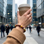 Yolk Stone Bracelet worn holding coffee in city, modern crystal jewelry blending style, confidence and daily energy balance